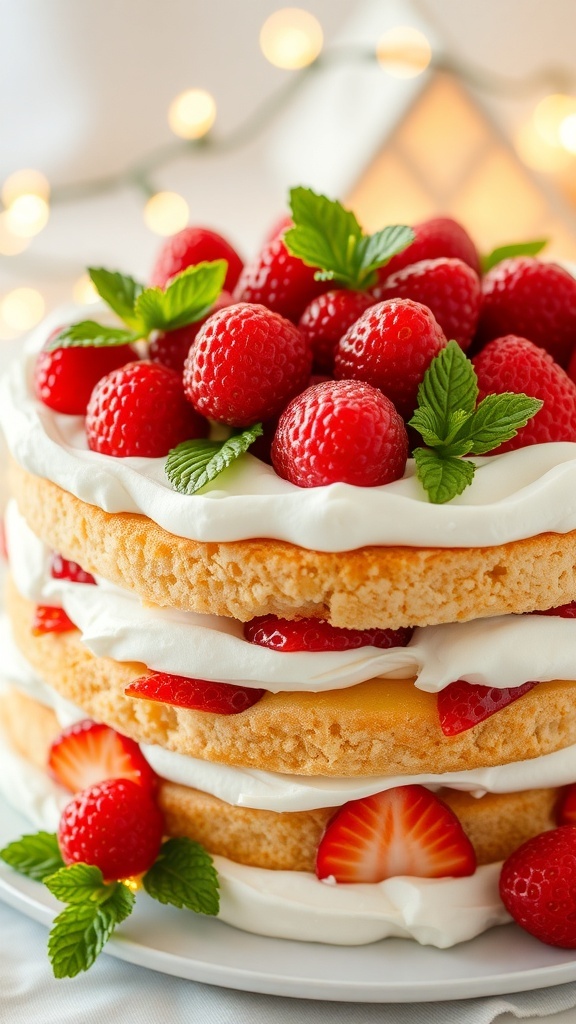 Korean Style Christmas Cake Recipe A festive Korean Christmas cake layered with whipped cream and fresh fruits, decorated with mint leaves, on a holiday-themed table.